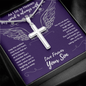 As I Sit In Heaven Navy - From Your Son in Heaven - Engravable Snake Chain Cross Necklace - The Gift Eternal