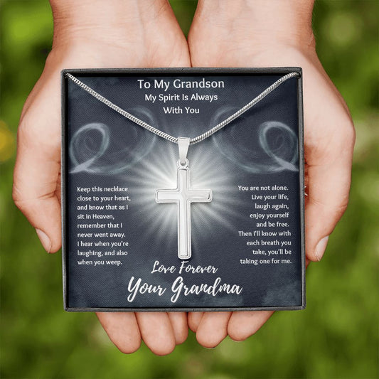 To My Grandson - Love Forever Your Grandma - My Spirit Is Always With You - Personalized Engravable Cross Necklace