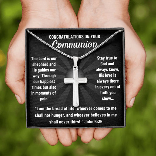 Christian Communion Cross Gift - Congratulations on Your Communion - Engraved Cross Necklace for Him and Her - Personalized Engraving Gift