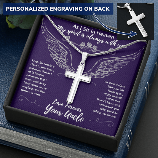 As I Sit In Heaven Navy - From Your Uncle in Heaven - Engravable Snake Chain Cross Necklace - The Gift Eternal