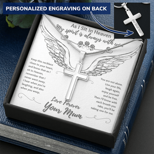 As I Sit in Heaven - From Your Mum in Heaven - Engravable Snake Chain Cross Necklace - The Gift Eternal