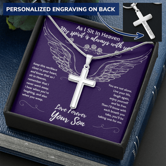 As I Sit In Heaven Navy - From Your Son in Heaven - Engravable Snake Chain Cross Necklace - The Gift Eternal