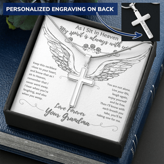 As I Sit in Heaven - From Your Grandma in Heaven - Engravable Snake Chain Cross Necklace - The Gift Eternal