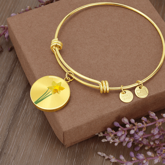 Daffodil Illustration - Engravable March Flower Birth Month - Bangle Bracelet with Circle Pendant - The Gift Eternal