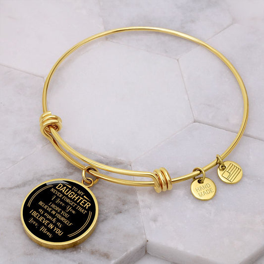 To My Daughter - Never Forget - Engravable Bangle Bracelet with Circle Pendant