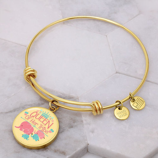 Mother - Queen of Her Tribe - Engravable Bangle Bracelet with Circle Pendant
