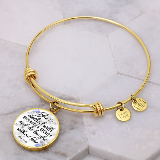 Strength and Dignity - Proverbs 31:25 - Engravable Bangle Bracelet with Circle Pendant