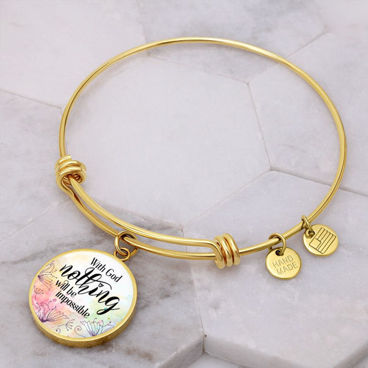 With God - Nothing Will Be Impossible - Engravable Bangle Bracelet with Circle Pendant