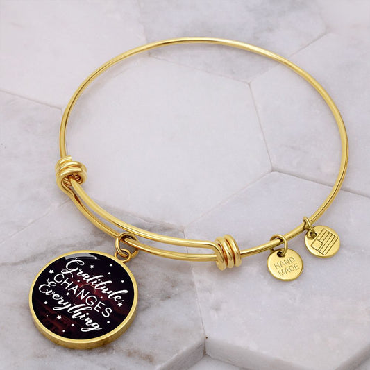 Gratitude Changes Everything - Engravable Bangle Bracelet with Circle Pendant