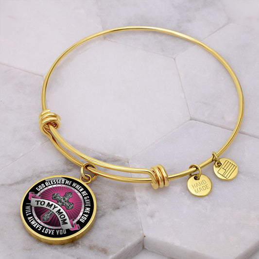 To My Mom - God Blessed - Engravable Bangle Bracelet with Circle Pendant