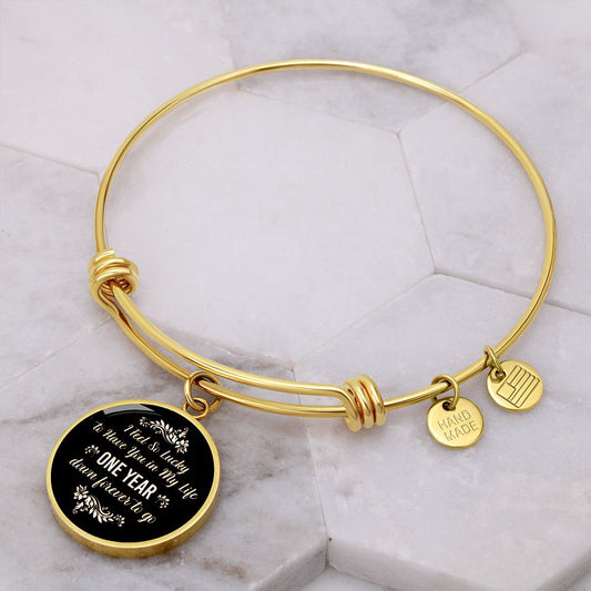 First Anniversary - Engravable Bangle Bracelet with Circle Pendant