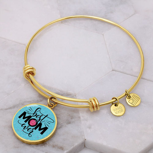 Best Mom Ever - Engravable Bangle Bracelet with Circle Pendant
