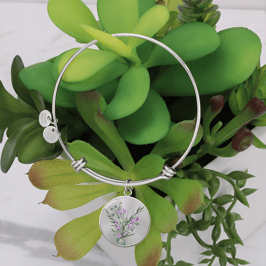 Morning Glory Illustration - Engravable September Flower Birth Month - Bangle Bracelet with Circle Pendant - The Gift Eternal