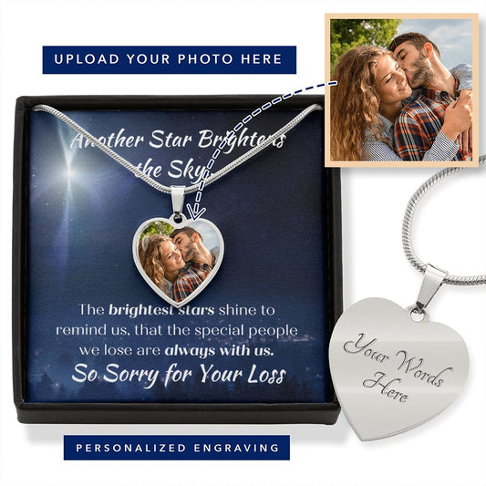 Another Star Brightens the Sky - Your Photo Remembrance - Engravable Custom Heart Pendant Necklace