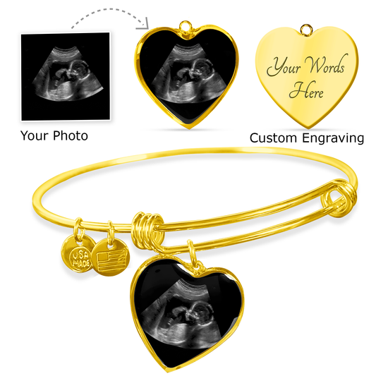 New Born Sonogram Ultrasound - Engravable Heart Pendant Bangle Bracelet Your Photo